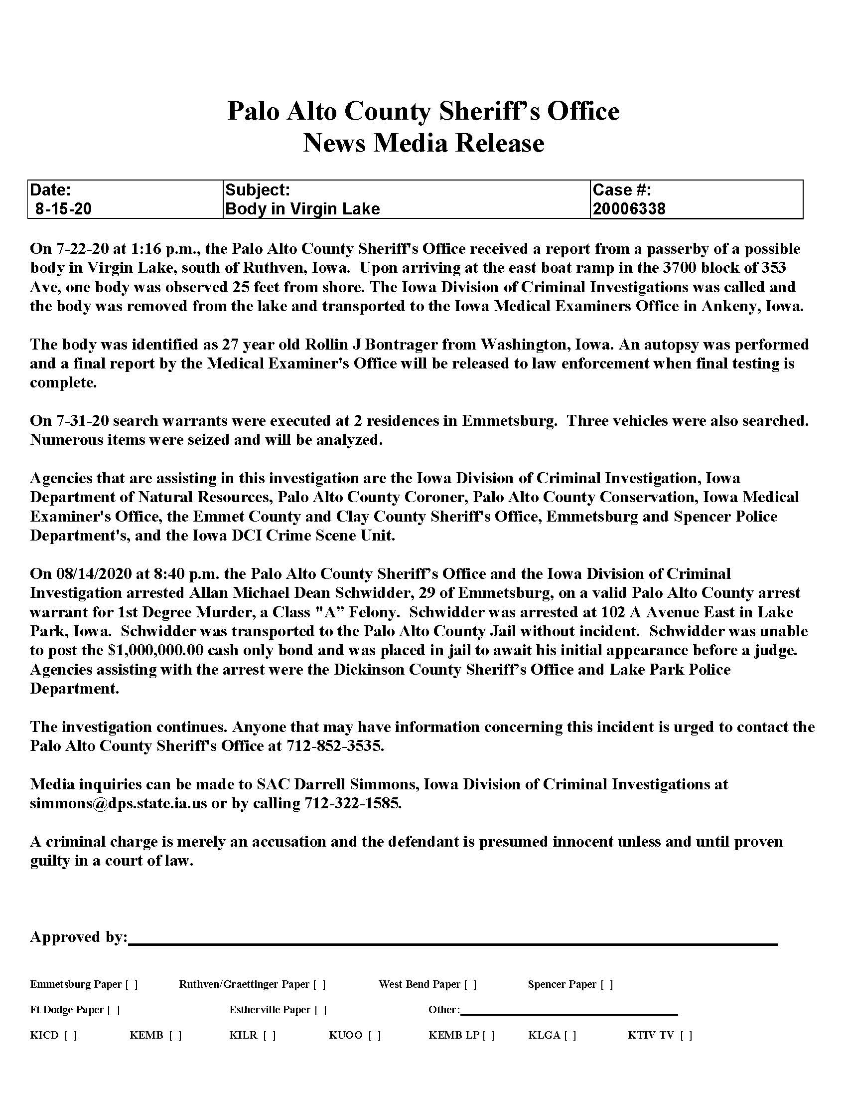 Update Arrest In Palo Alto County Drowning At Virgin Lake Iowa